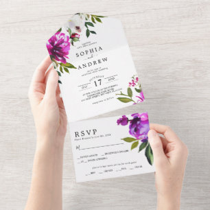 Invitation Tout En Un Fleurs violettes et Mariage Feuille verdoyant