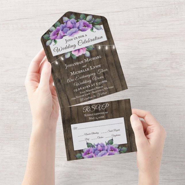 Invitation Tout En Un Fleurs violettes et roses sur Mariage rustique boi (Déchirure)