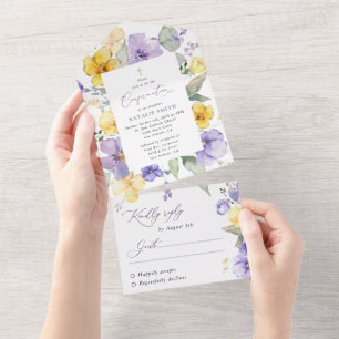 Invitation Tout En Un Fleurs violettes, Fleurs jaunes, Bohème, Confirmat