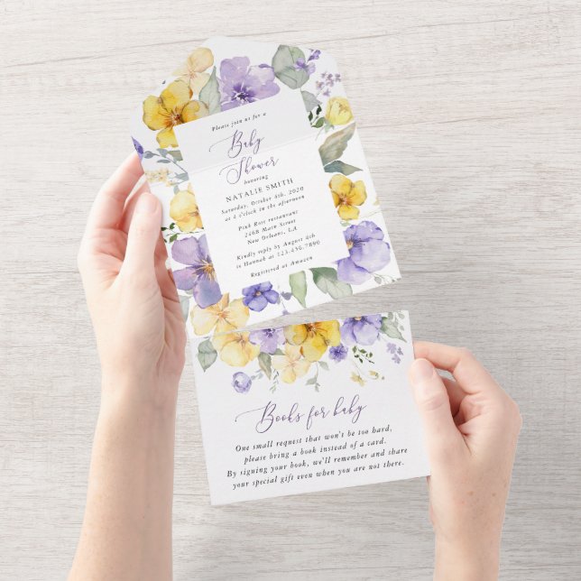 Invitation Tout En Un Fleurs violettes, Fleurs Jaunes, Boho, Baby shower (Déchirure)