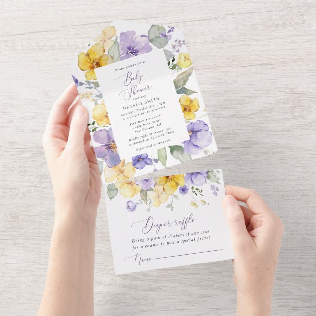 Invitation Tout En Un Fleurs violettes, Fleurs Jaunes, Boho, Baby shower (Déchirure)