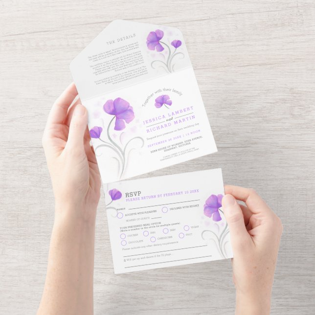 Invitation Tout En Un fleurs violettes gris blanc tourbillon mariage (Déchirure)