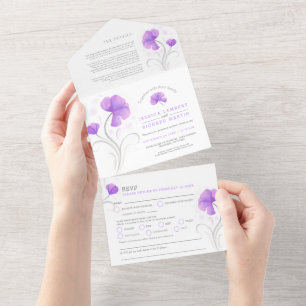 Invitation Tout En Un fleurs violettes gris blanc tourbillon mariage