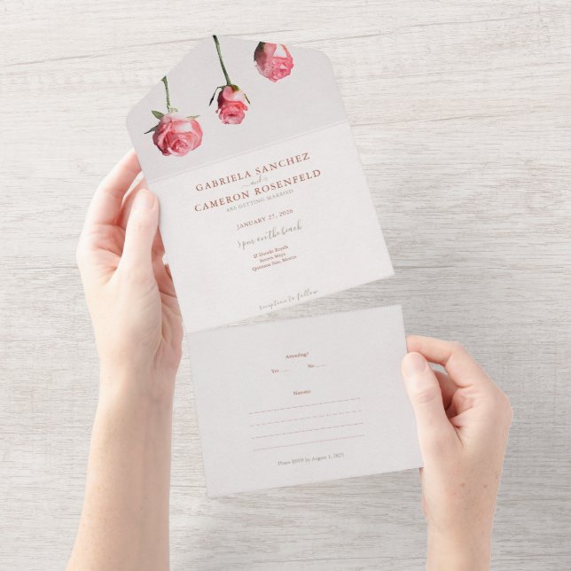 Invitation Tout En Un Floral Aquarelle Rose Mariage en terre cuite (Déchirure)