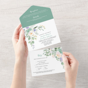 Invitation Tout En Un Floral blanc et mauve, Succulents et Eucalyptus