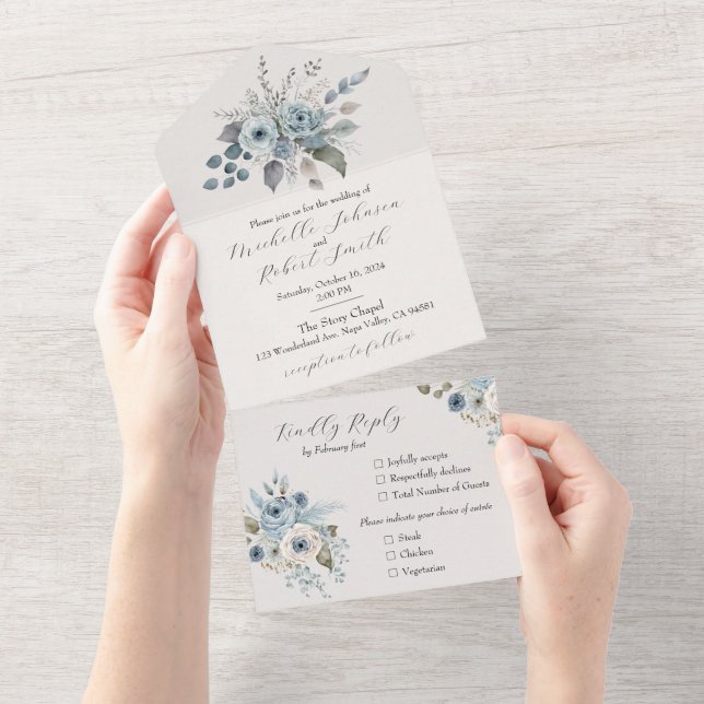 Invitation Tout En Un Floral bleu d'hiver