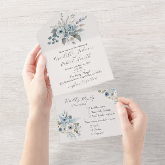 Invitation Tout En Un Floral bleu d'hiver