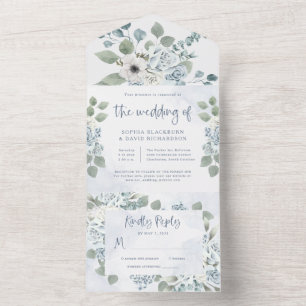 Invitation Tout En Un Floral bleu rustique   Mariage aquarelle