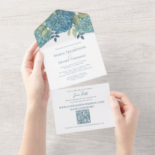 Invitation Tout En Un Floral Blue Hydrangea QR Code Invité Adressé