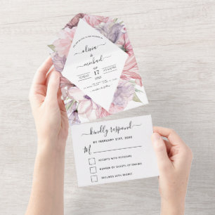 Invitation Tout En Un Floral Boho Dusty Rose Violet Mariage RSVP