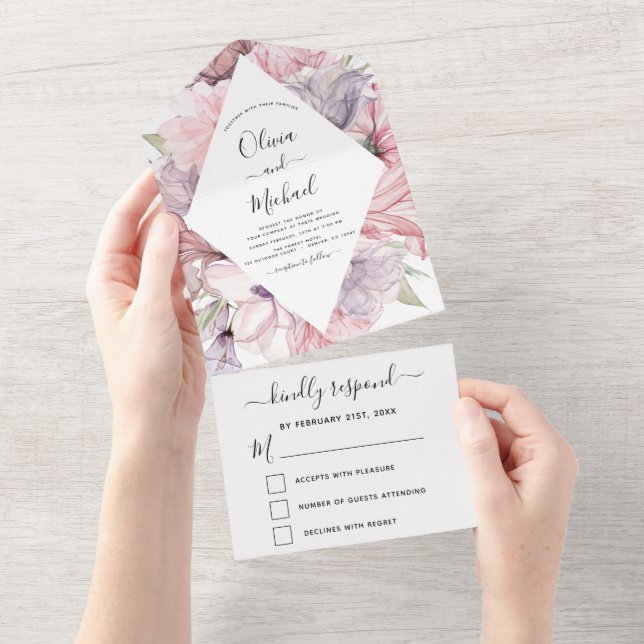 Invitation Tout En Un Floral Boho Dusty Rose Violet Mariage RSVP (Déchirure)