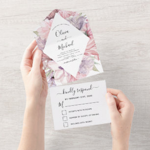 Invitation Tout En Un Floral Boho Dusty Rose Violet Mariage RSVP