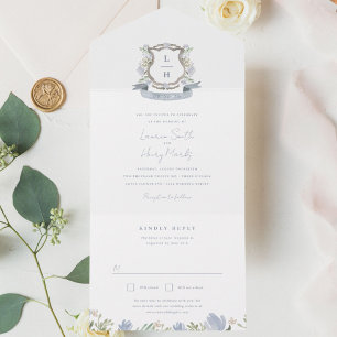 Invitation Tout En Un Floral Crest Aquarelle Monogramme Mariage Triple