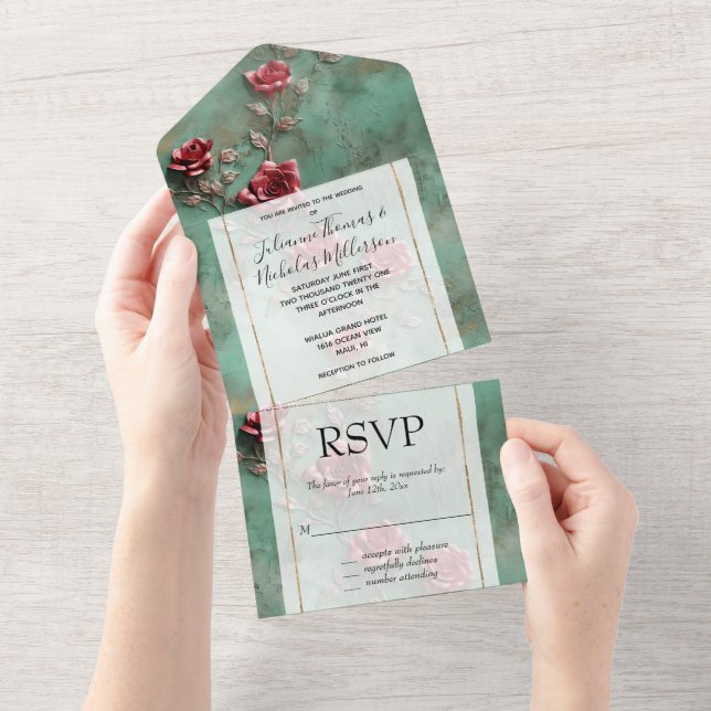 Invitation Tout En Un Floral de Roses rouges vertes (Déchirure)