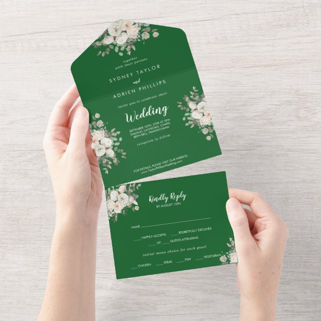 Invitation Tout En Un Floral d'hiver | Mariage vert tout en un (Déchirure)