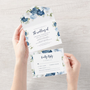 Invitation Tout En Un Floral Dusty Blue Bloom Mariage Script
