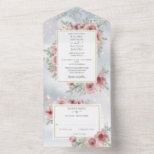 Invitation Tout En Un Floral Dusty Rose Gold Géométrique Mariage d'hiver