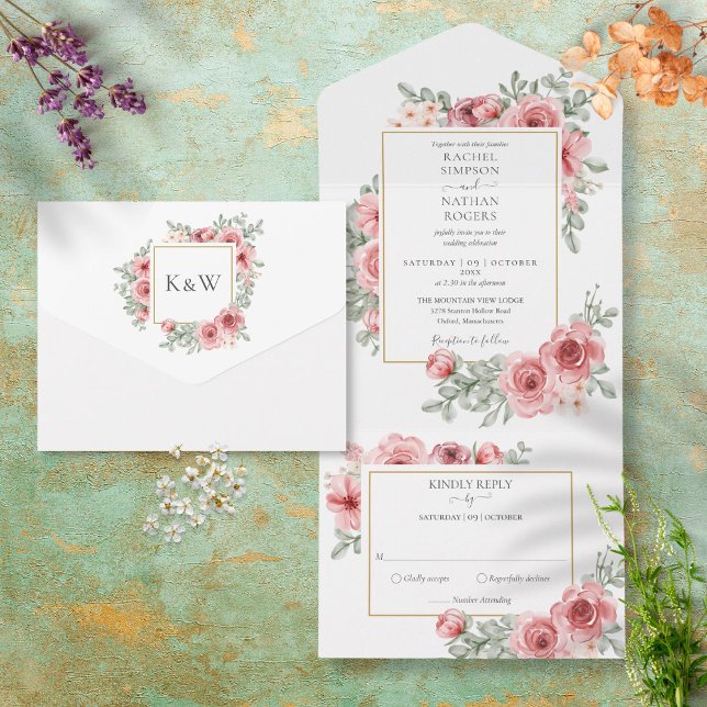 Invitation Tout En Un Floral Dusty Rose or Mariage géométrique (Créateur téléchargé)