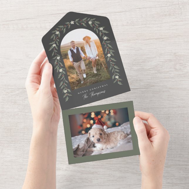 Invitation Tout En Un Floral Garland Arched Photo Black Christmas Card (Déchirure)