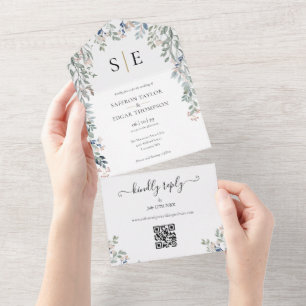 Invitation Tout En Un Floral Greenergie Monogramme QR Code Mariage