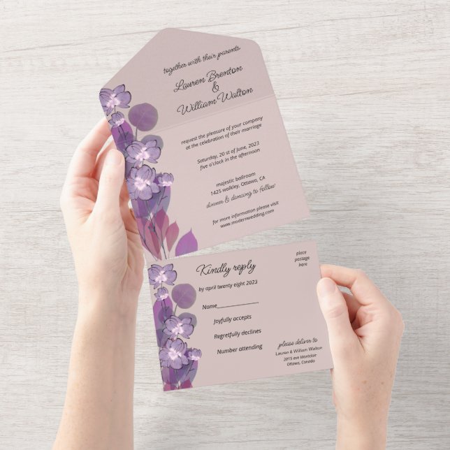 Invitation Tout En Un Floral mauve pourpre (Déchirure)