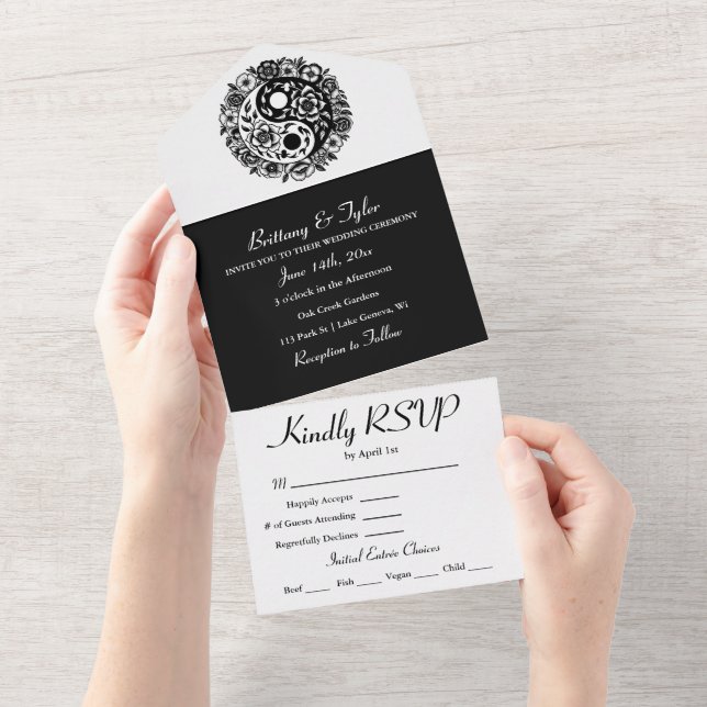 Invitation Tout En Un Floral noir et blanc Yin Yang Mariage (Déchirure)