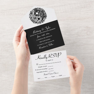 Invitation Tout En Un Floral noir et blanc Yin Yang Mariage