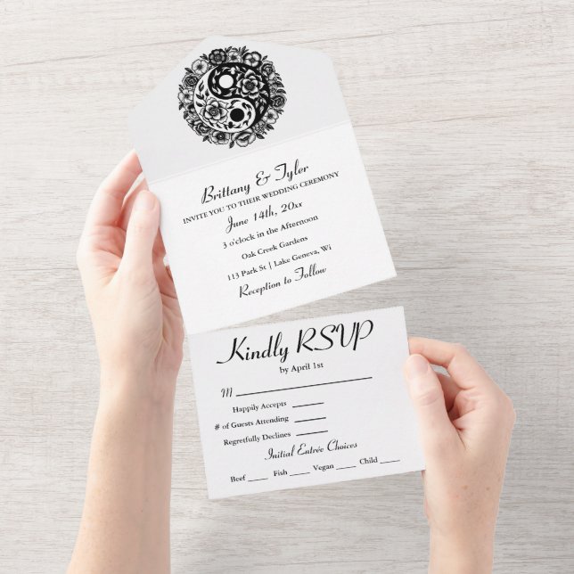 Invitation Tout En Un Floral noir et blanc Yin Yang Mariage (Déchirure)