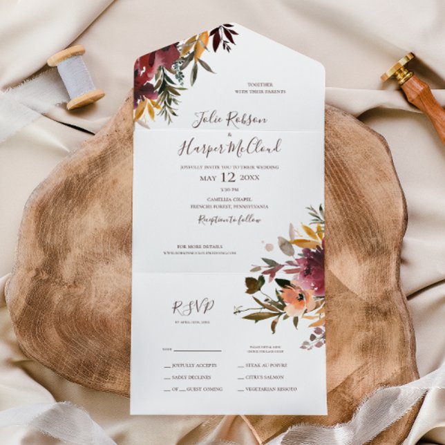 Invitation Tout En Un Floral Orange Bourgogne | Sceller Et Envoyer (Créateur téléchargé)