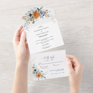 Invitation Tout En Un Floral orange et bleu en un mariage Inviter