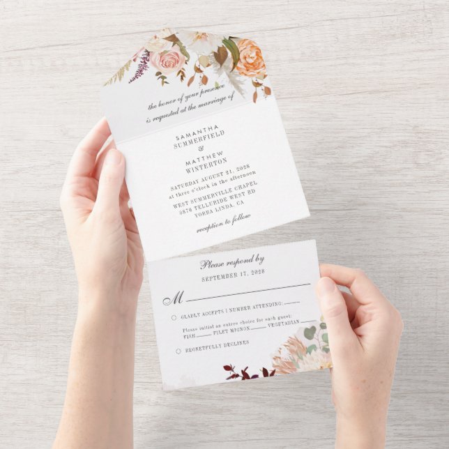 Invitation Tout En Un Floral Pastel Bourgogne Mariage d'aquarelle (Déchirure)