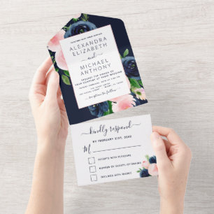 Invitation Tout En Un Floral Rose Bleu Bleu Marine mariage Tout en un In