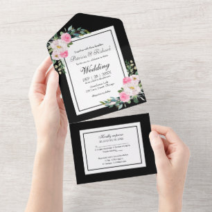 Invitation Tout En Un Floral Rose Chaud Sur Mariage Élégant Noir