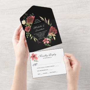 Invitation Tout En Un Floral rose rouge sur Mariage chrétien noir et bla