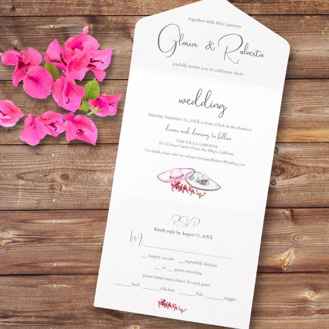 Invitation Tout En Un Floral rose Vintage mexicain Mariage romantique (Créateur téléchargé)
