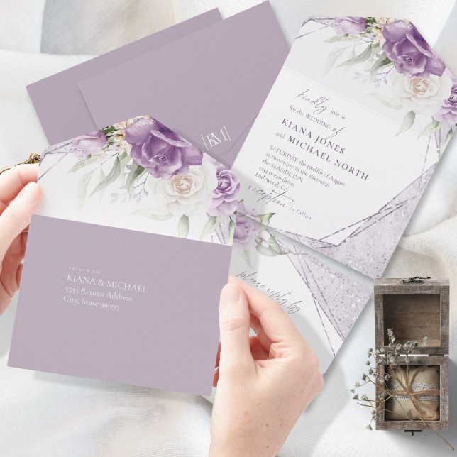 Invitation Tout En Un Floral Sparkles Mariage Mauve ID889 (Créateur téléchargé)