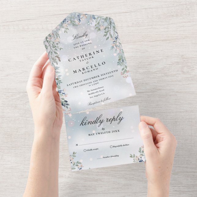 Invitation Tout En Un Floral Verdure Cascade Elégant Mariage d'hiver (Déchirure)