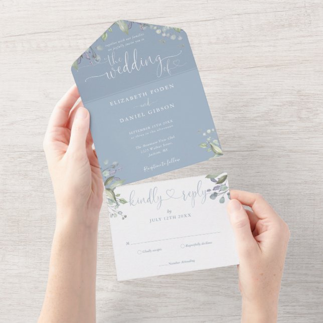 Invitation Tout En Un Floral Verdure Script Coeurs bleu Dusty Mariage (Déchirure)
