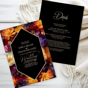 Invitation Tout en un floral violet et orange Mariage noir
