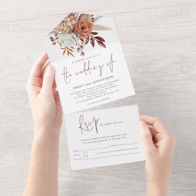 Invitation Tout En Un Florales d'automne rustiques Mariage de script (Déchirure)