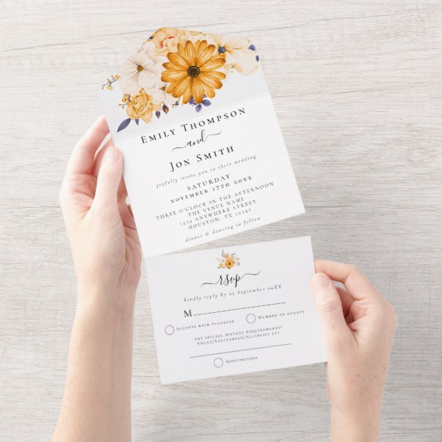 Invitation Tout En Un Florales de crème jaune Adresses invités Mariage (Déchirure)