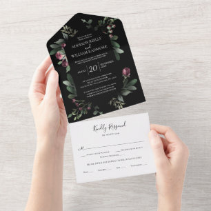 Invitation Tout En Un Florales vertes d'hiver Noir