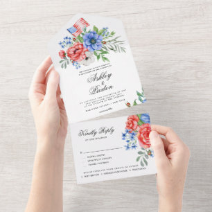 Invitation Tout En Un Flore rouge blanc et bleu tout en une seule invita