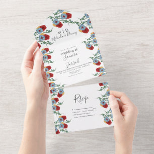 Invitation Tout En Un Florins mexicains Rouge Bleu Botanique Mariage 