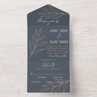 Invitation Tout En Un Foliage Leaf Line Art Charbon, Crème & Boho Rose