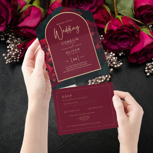 Invitation Tout En Un Forêt des Roses Rouges Vert Mariage d'hiver