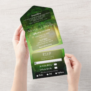Invitation Tout En Un Forêt Enchantée aux Lueurs Vertes Mariage en Bois