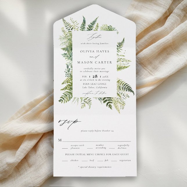 Invitation Tout En Un Forêt Enchantée Fermes de bois Élégant mariage (enchanted forest wedding invitation botanical frame ferns outdoors mountains nature garden all one)