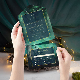 Invitation Tout En Un Forêt enchantée Romantique Bois vert Mariage or