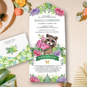 Invitation Tout En Un Forêt tropicale Cute Floral Raccoon Baby shower